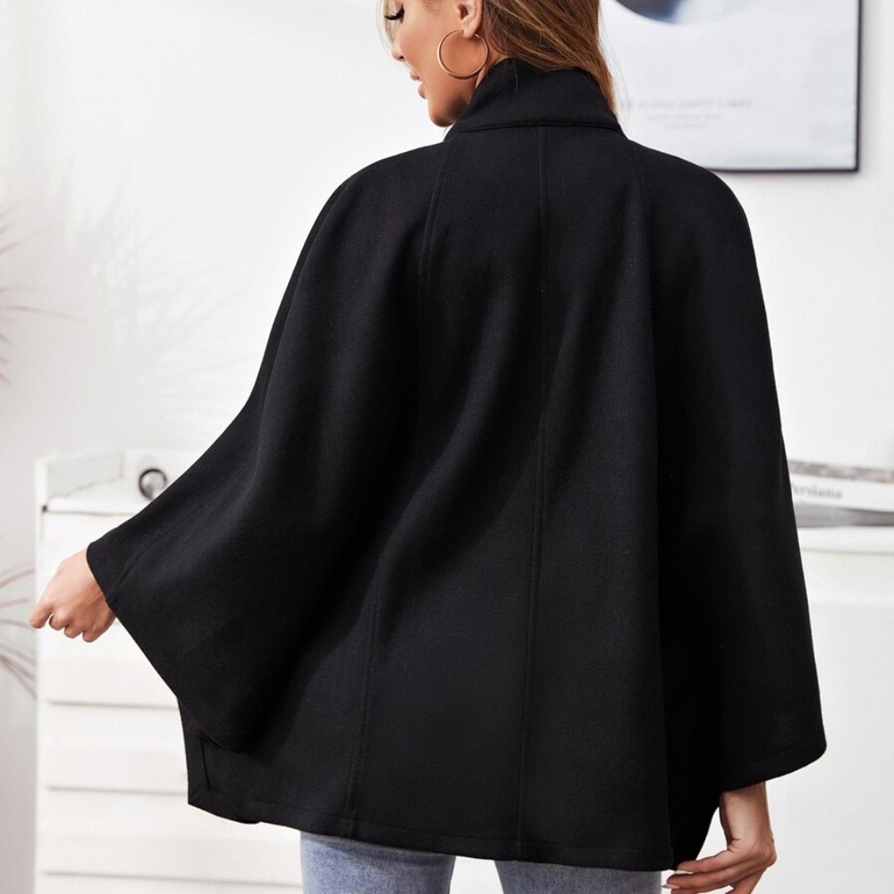 mock neck button cape pea coat cloak sleeve wine - Picture 9 of 10